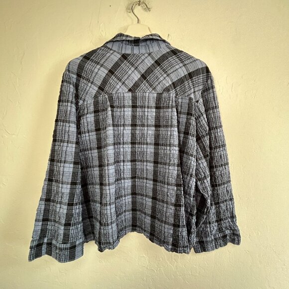 Habitat Womens Blue & Black Plaid Button-Up Crinkle Shirt Blouse XL Lightweight - Picture 2 of 8